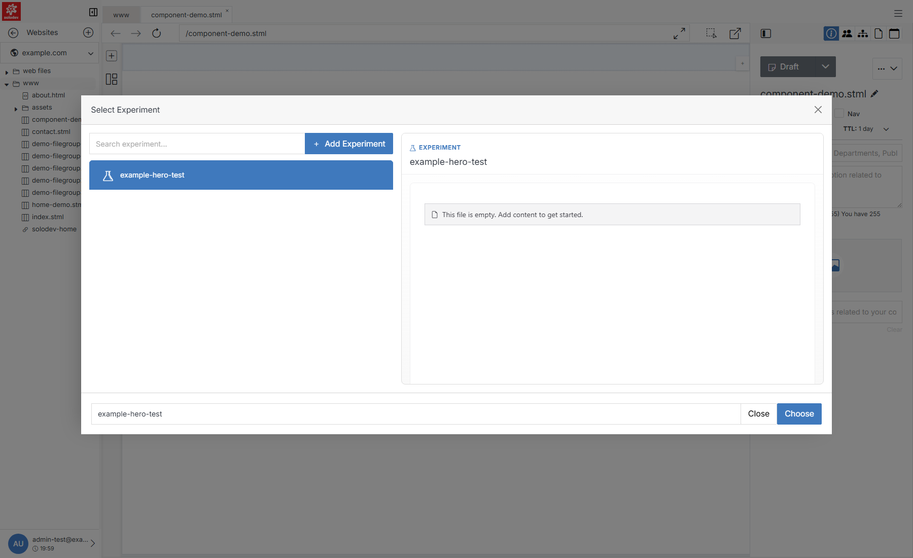 Select Experiment picker with a real experiment selected