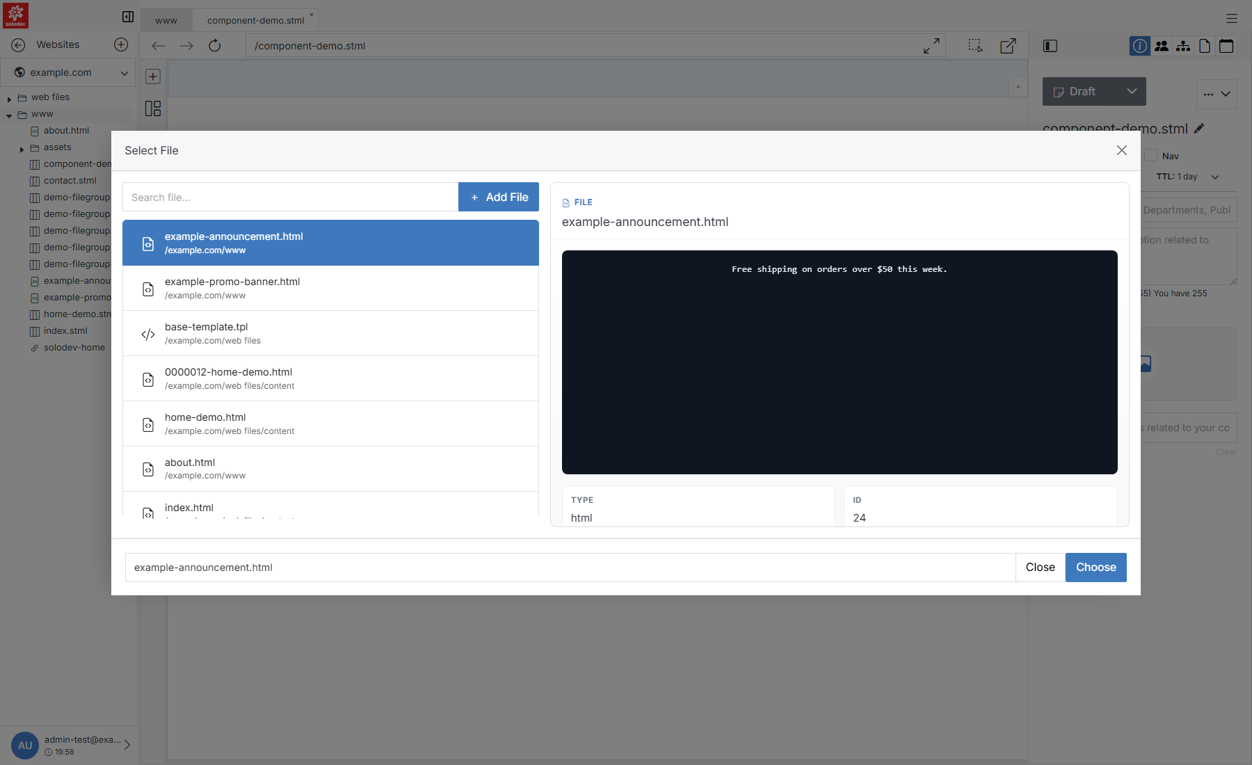 Select File picker with a template previewed