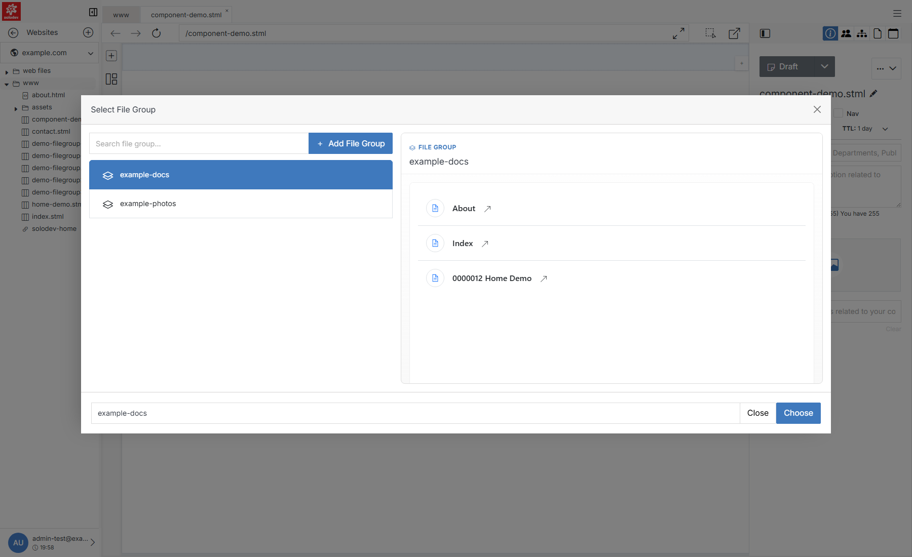 Select File Group picker with a real file group selected