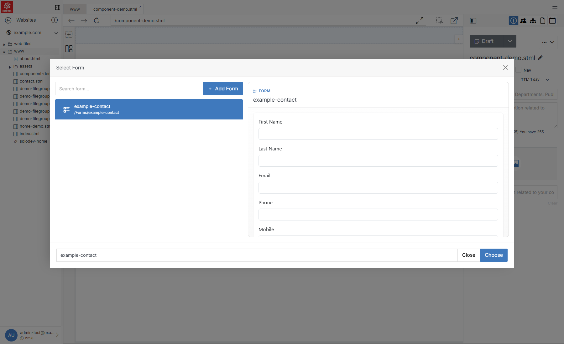 Select Form picker with a real form selected