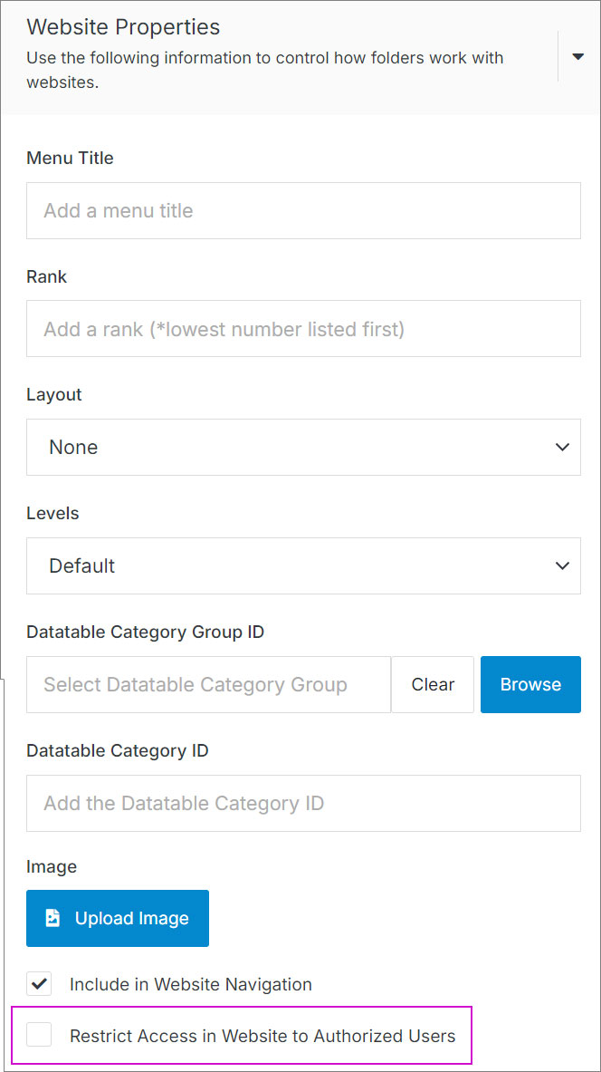 Restrict Access in Website to Authorized Users checkbox