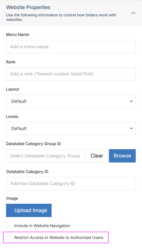 Restrict Access in Website to Authorized Users checkbox
