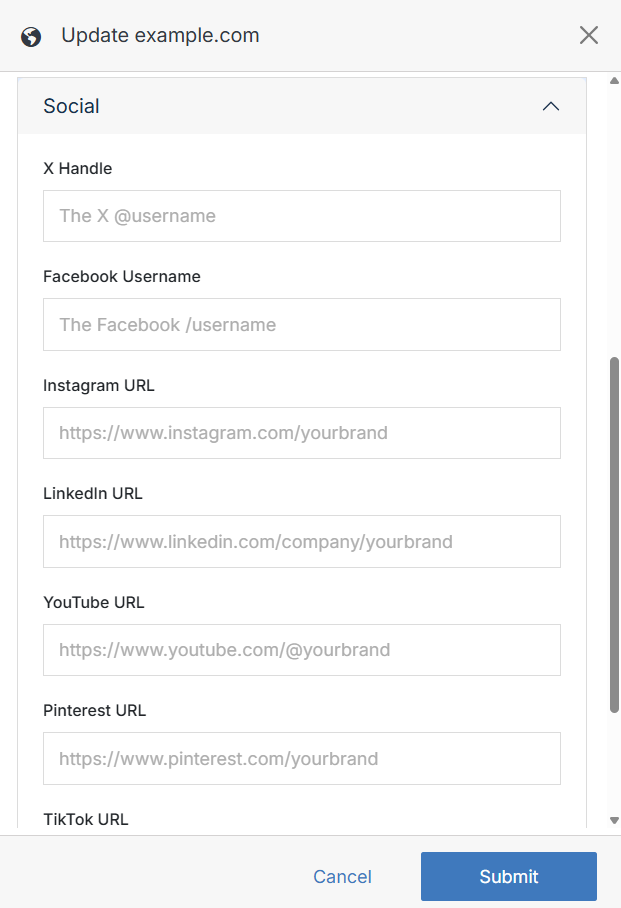 Update Website Social form